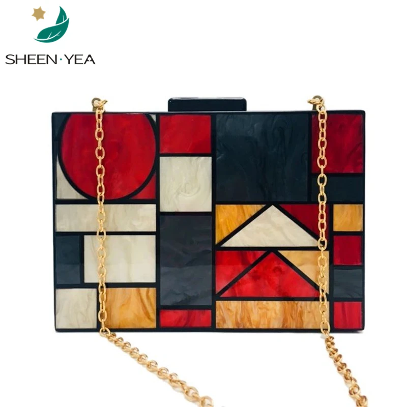 

New brand Evening Bag Luxury Geometric wedding Vintage Acrylic Clutch purse party prom Elegant Color Contrast Patchwork Handcase