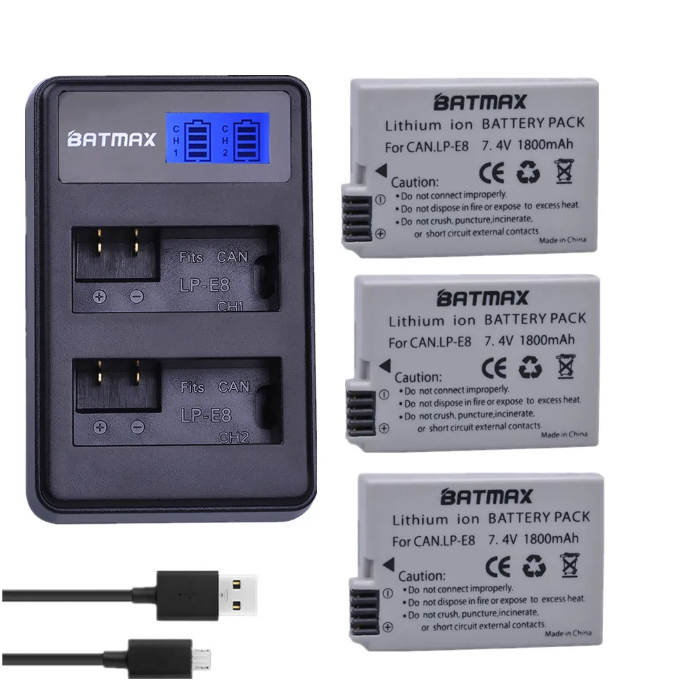 Batmax 3pcs LPE8 LP-E8 Camera Battery+ LCD USB Dual Charger for Canon EOS 550D 600D 650D 700D Rebel T2i T3i T4i T5i Kiss X4 | Электроника