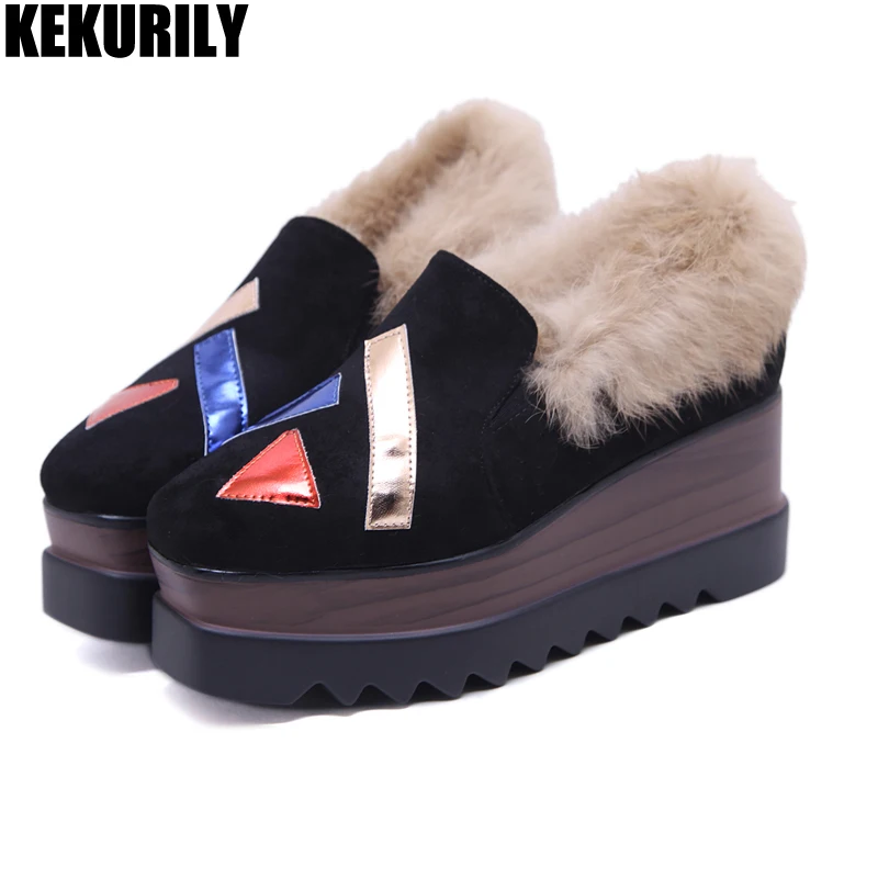 

Woman Shoes Rabbit fur Square Toe shoes Platform Slip on Sneakers Wedge Oxfords Fashion Patchwork Black Loafers zapatos mujer