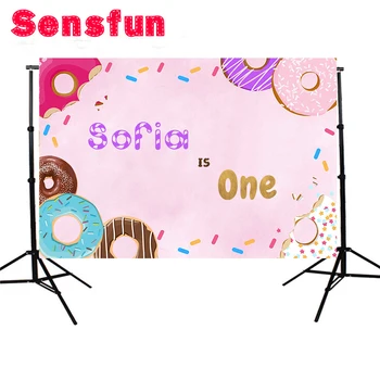 

Sensfun backdrop for photographic studio Colorful Donuts First Birthday Celebration Candy Bar background customize photocall