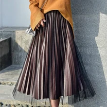 Осень-зима новая Золотая Бархатная плиссированная юбка простая эластичная юбка длинная юбка была тонкая юбка с высокой талией длинная секция