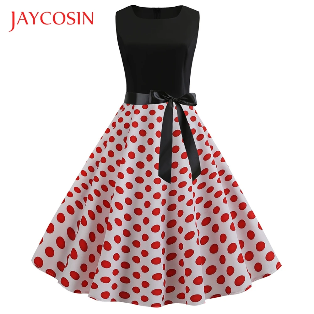 

JAYCOSIN Women Vintage 1950s Retro Sleeveless O Neck Print Evening Party Prom Swing Dress Mid-Calf Print Pleated Silhouette