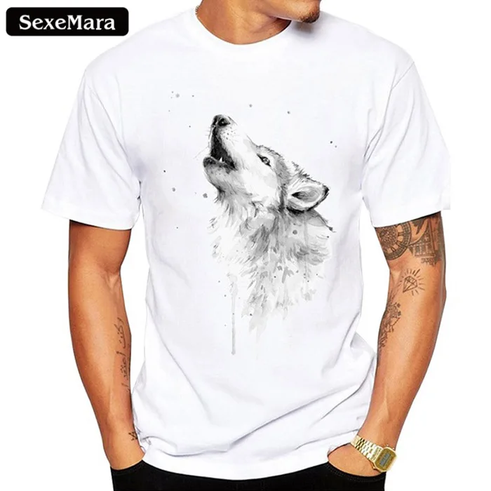 

SexeMara 2018 Wolf Howling Men T-Shirt Short Sleeve Casual Tops Hipster Watercolor Wolf Printed Male Fashion T Shirts Funny Tee