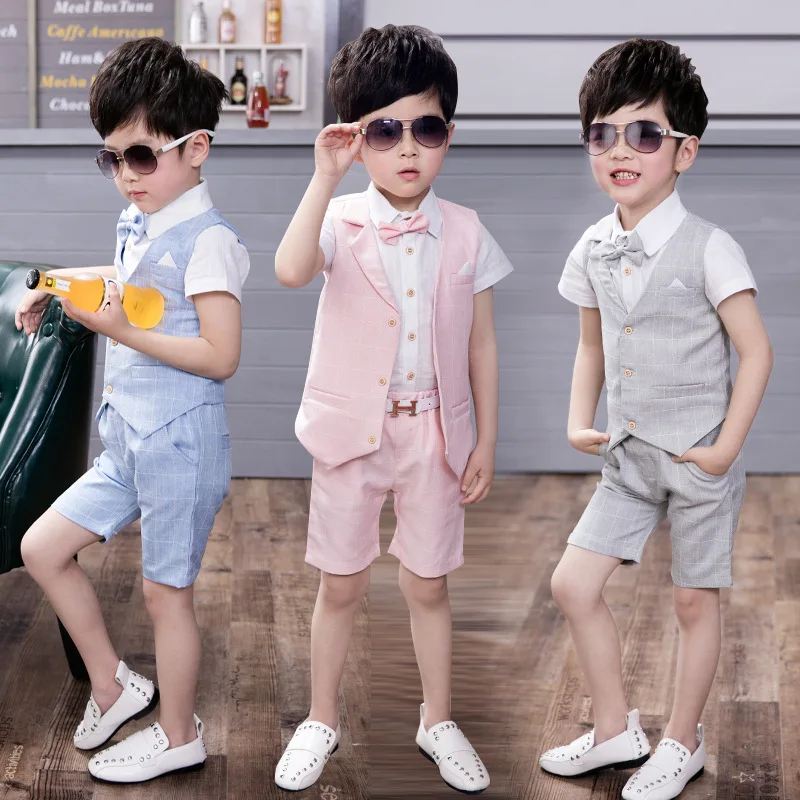 

3Pcs/sets Summer Wedding Suits of Boys Children Formal Prom Party Dress Graduation Kids Boy Tuxedo Shirts Waistcoat Shorts Suit