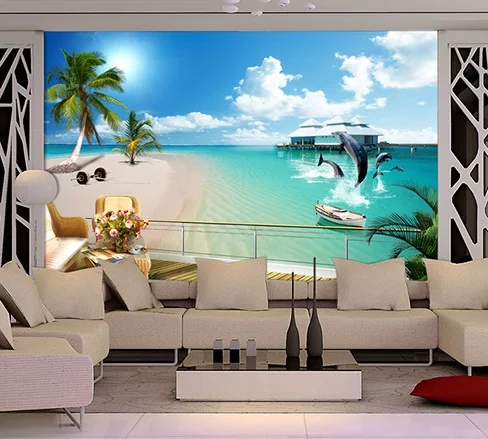 

Customized 3D mural Dolphin Beach seaview behind TV sofa background wallpaper the living room large seamless video wall scenery