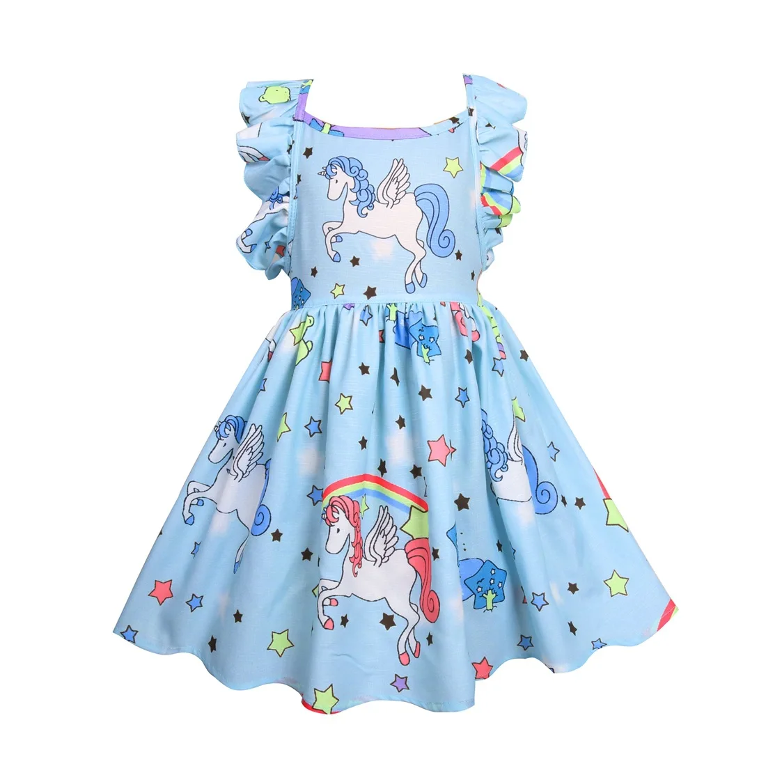 

RUNNING CHICK unicorn print girl dress color blue purple green pink 8years old wholesales and dropshipping