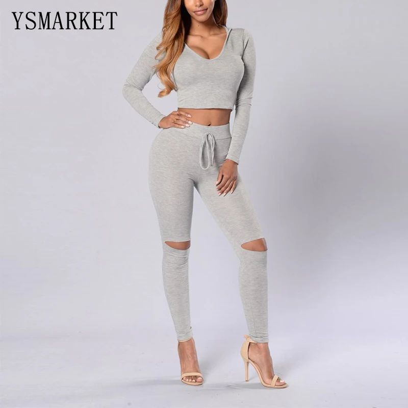 New Women 2 Pieces Casual Sweat Suits Long Sleeves Hooded Crop Tops