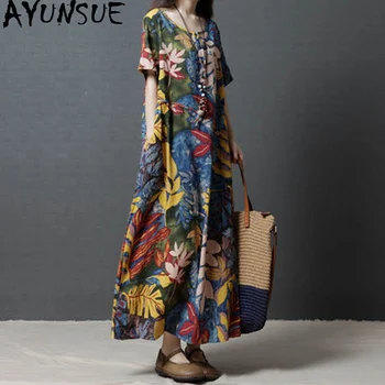 

AYUNSUE 2020 Summer Retro Cotton Linen Dress Women Casual Print Long Dresses Floral Vintage Clothes Vestidos De Verano KJ1860