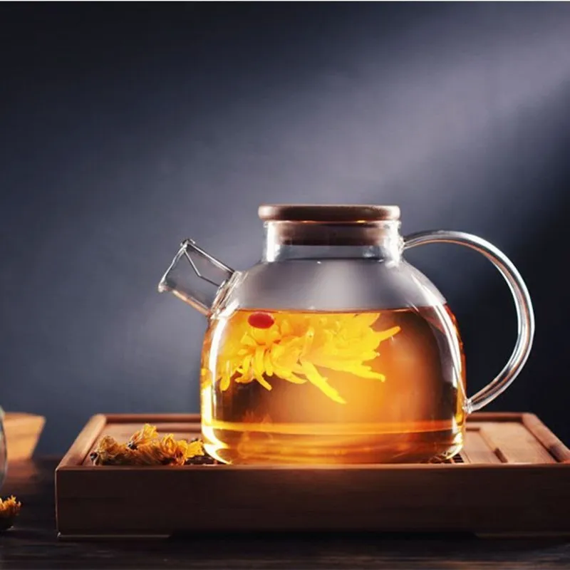 Clear Glass Kettle Water Jug Juice Container 1000ml 1800ml Heat Resistant Flower Teapot Bamboo Lid Home