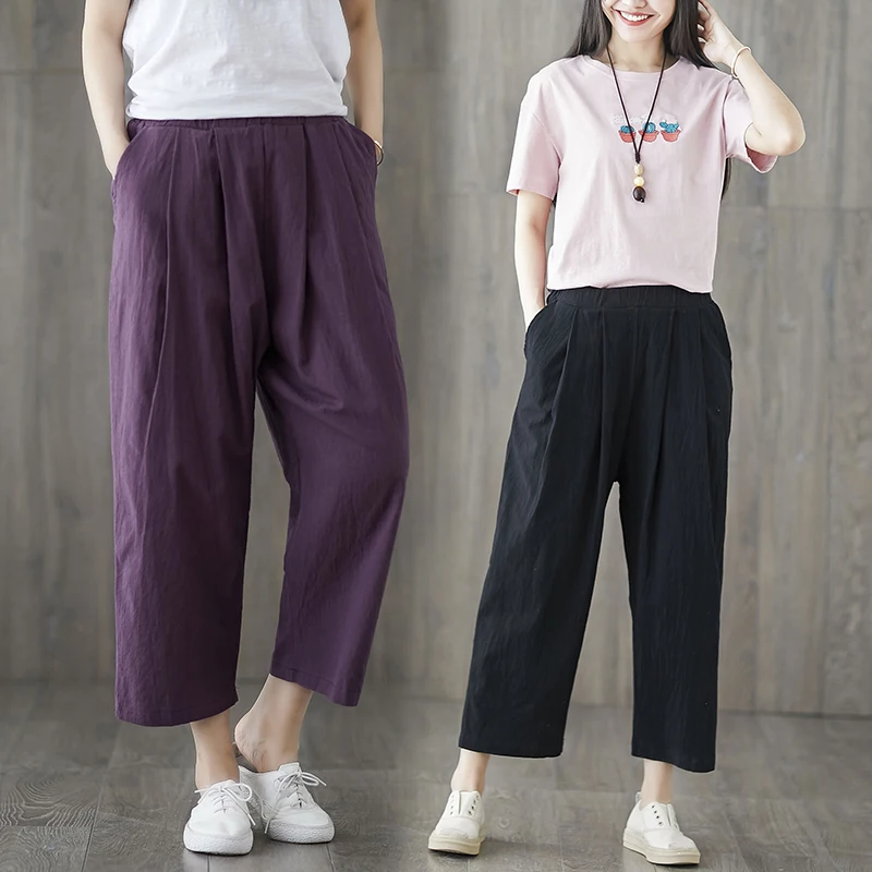

New style of pure cotton and linen leisure trousers, wide legs trousers, women's summer thin linen nine-minute trousers