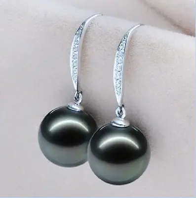 

12MM NATURAL TAHITIAN GENUINE BLACK PERFECT ROUND SHELL PEARL EARRING > free shipping
