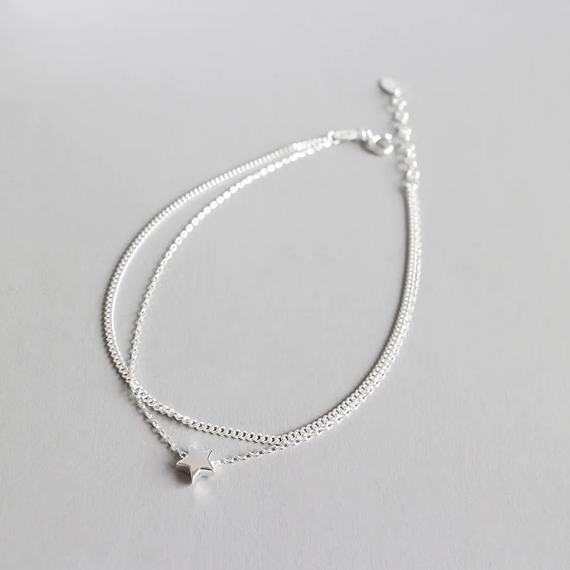 

100% 925 Sterling Silver Anklets For Women 2019 Geometric Double Chain Star Anklets Foot Jewelry Bracelet Leg Chain enkelbandje
