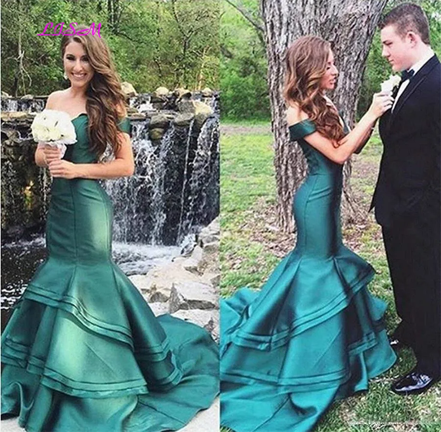 

Off the Shoulder Long Mermaid Prom Dresses 2019 Two Pieces Sexy Bodice Ruffled Satin Formal Evening Gowns vestidos de festa New