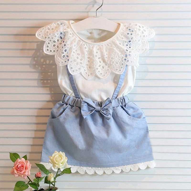 

2PCS Lace Girls Clothes 2019 Brand Toddler Kids Girls Clothing Sets Baby clothes Children Girl Hollow Out White Tops Bow Skirt