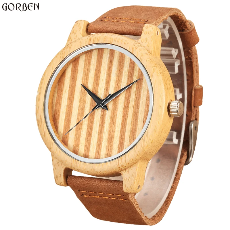

Vintage Unique Natural Bamboo Quartz Watches For Male Retro Wooden Texture Dial Brown Cow Leather Band Mens Wrist Watches Gifts