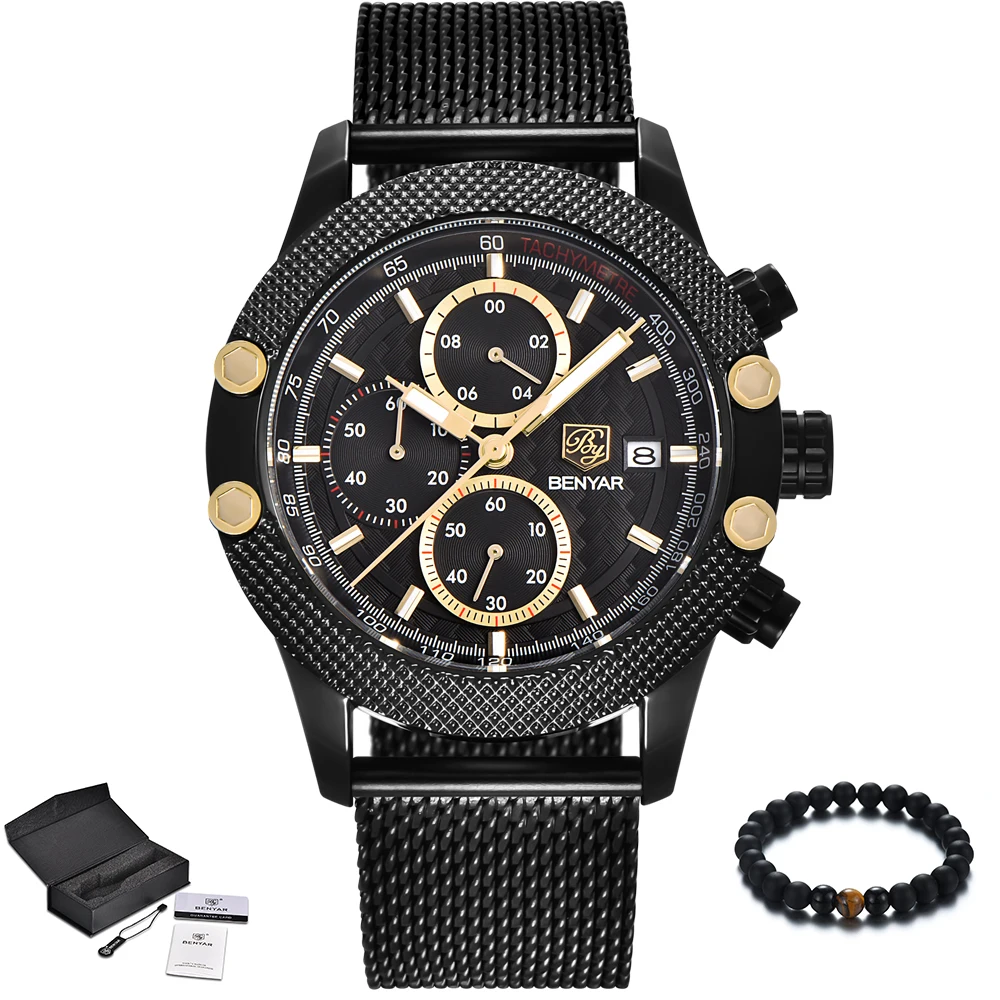 

New BENYAR Top Brand Luxury Men Watch Quartz Waterproof Sport Watch Men Black Stainless Steel Mesh Band Military Wristwatch Mens
