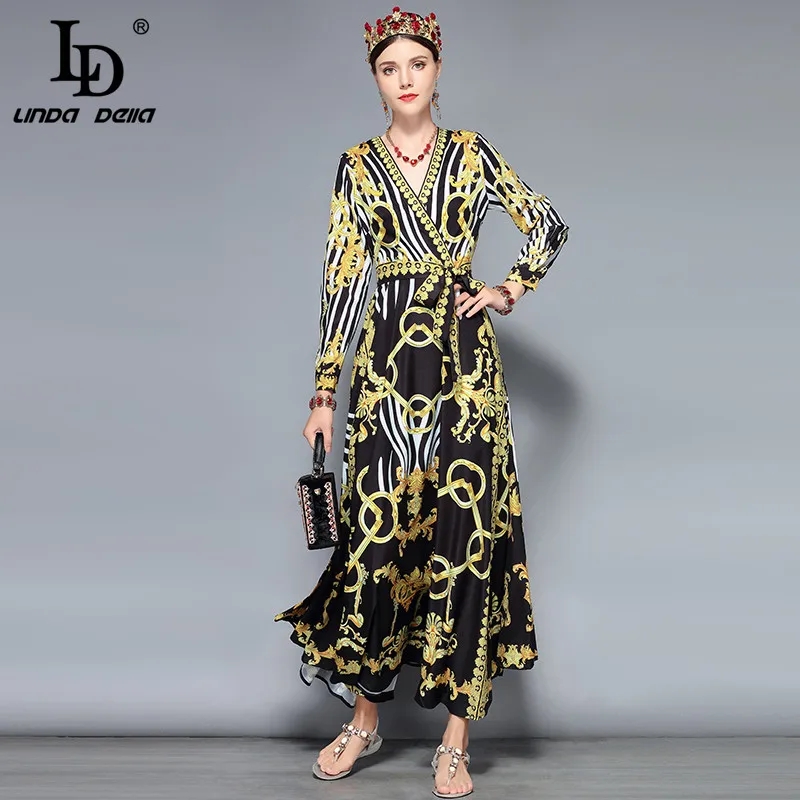 

LD LINDA DELLA Spring Fashion Floral Maxi Dresses Women's Long Sleeve V-Neck Gorgeous Floral Print Party Vintage Long Dress