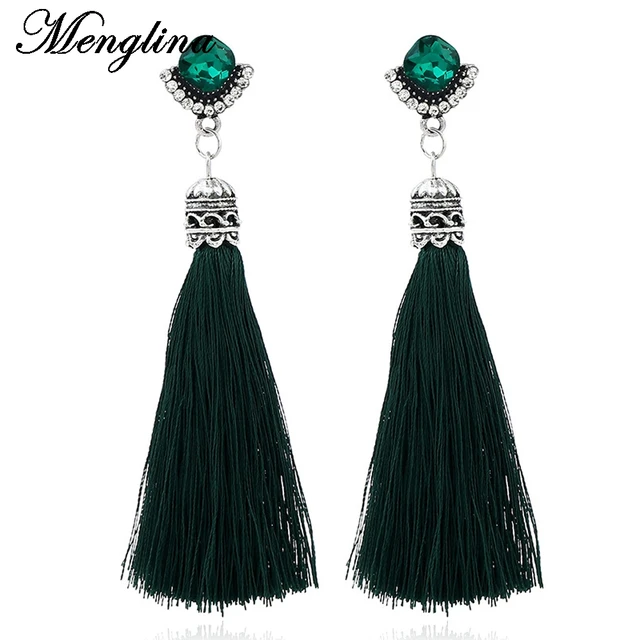 Menglina Fashion Green Crystal Long Tel Earrings Silk String Menglina Fashion Green Crystal Long Tel Earrings Silk String Dangle For Women Oorbellen Hangers Boho