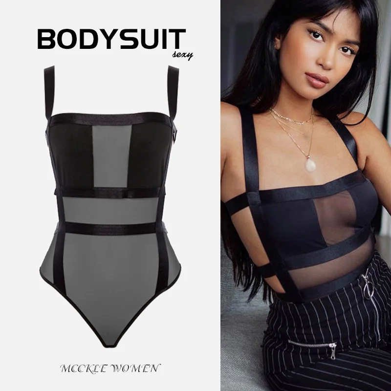 

Black Mesh Backless Hollow Out Women's Bodysuit Sleeveless Transparent Patchwork Off Shoulder Romper Women 2019 Summer Jumpsuit