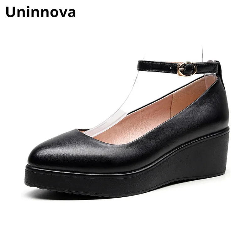 Women Wedges Genuine Leather Pointed Toe Black Casual Comfortable Platform Shallow Cut Upper