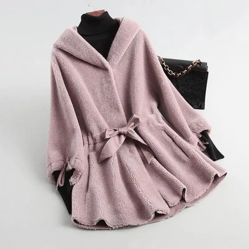 Women Winter Real Fur Overcoat Sheep Shearing Lady Casual Warm Natural Sheep Genuin Lamb Wool Fur Coat Hooded And Belt Coat V269