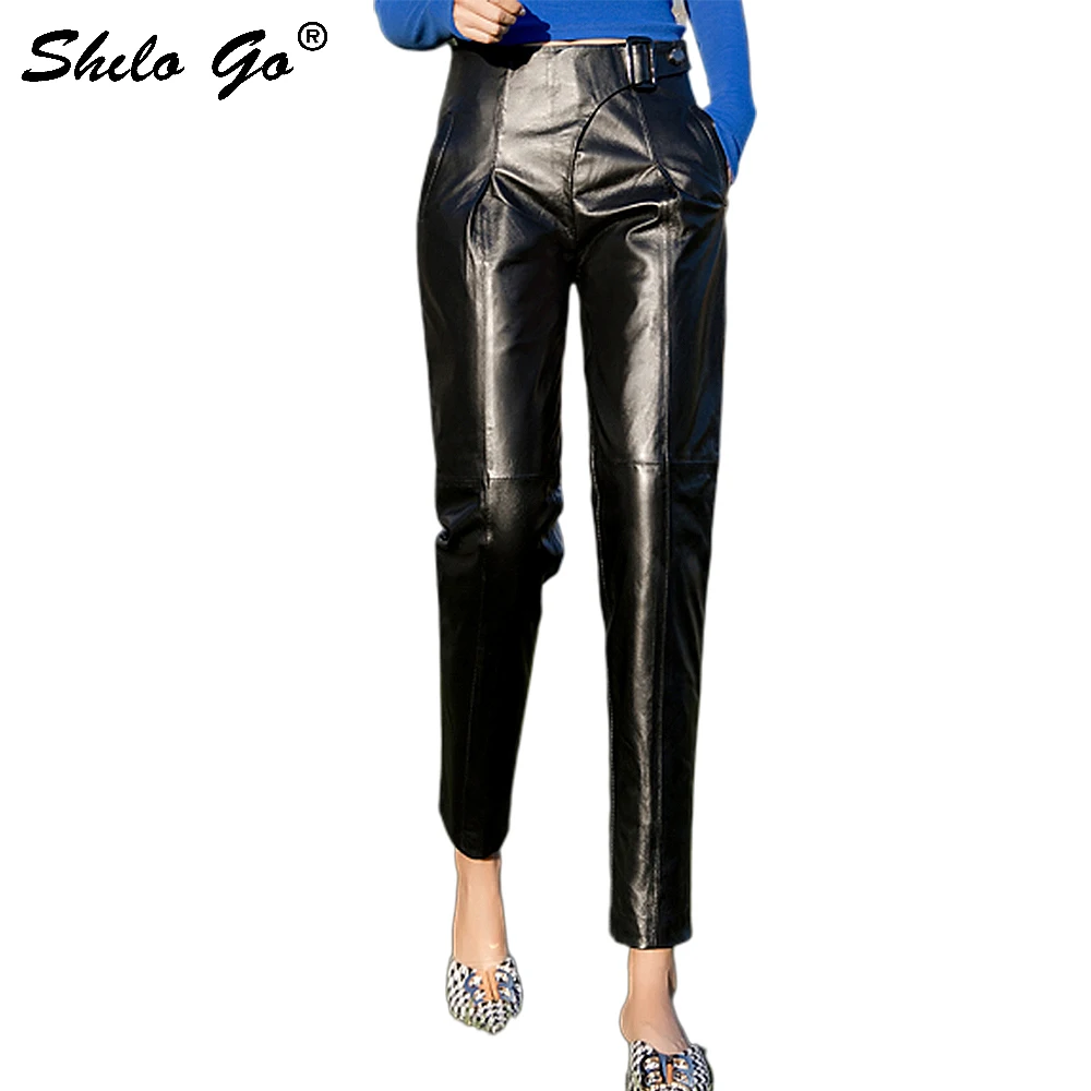 Streetwear Lederen Broek Vrouwen Elegante Cross Blet Hoge Taille Schapenvacht Lederen Harembroek Beknopte Zwarte Vrouwelijke Capri Streetwear Lederen Broek Vrouwen Elegante Cross Blet Hoge Taille Schapenvacht Lederen Harembroek Beknopte Zwarte Vrouwelijke Capri