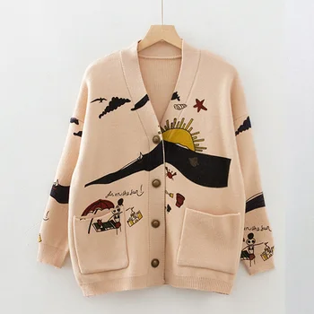 

Knitted V-neck Cartoon Cardigan Women's Sweater Long Sleeve Autumn Winter Cardigans Female 2020 Big Pockets Loose Outwear Woman