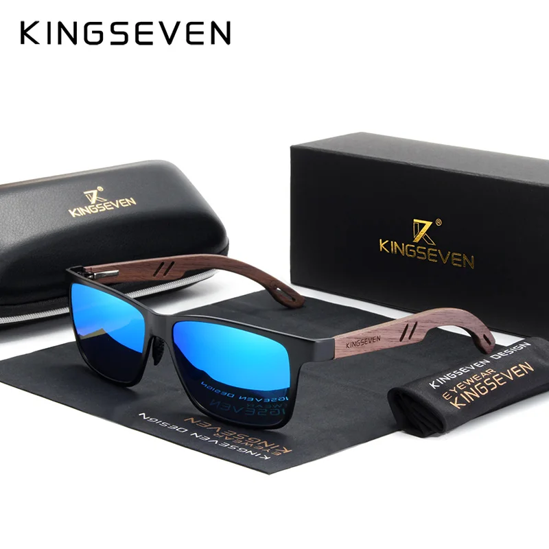 KINGSEVEN дизайн алюминий+ деревянные солнцезащитные очки ручной работы из грецкого ореха мужские поляризованные очки Аксессуары Солнцезащитные очки для женщин - Цвет линз: Blue Walnut Wood