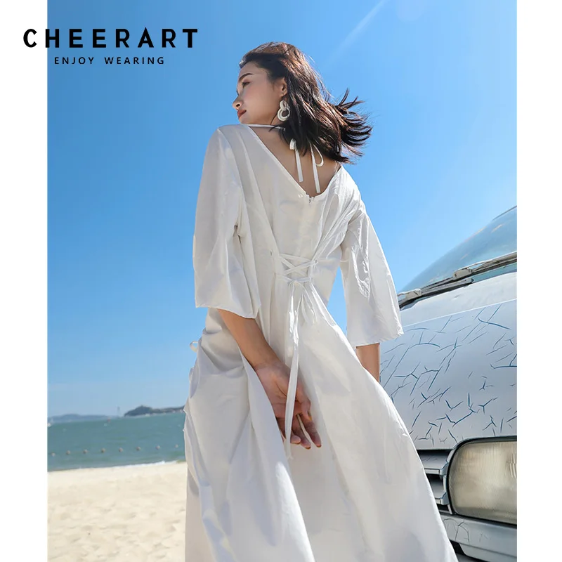 Длинное Летнее белое платье миди Cheerart с глубоким V образным вырезом женское