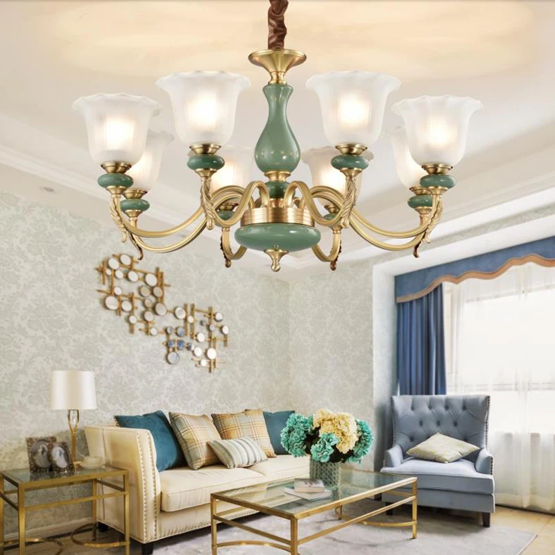 

American style copper LED Chandelier lights luxury ceramic suspension lights Contemporary living room glass LED Chandelier lamps