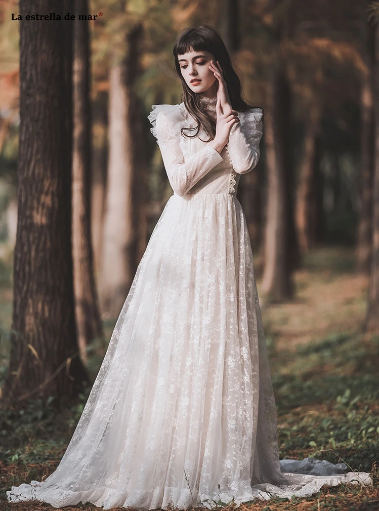 Abiti da sposa2019 Новое кружевное платье с высоким воротом и длинными рукавами трапециевидной формы цвета слоновой кости свадебное платье в стиле бохо со шлейфом brautkleid Ретро накидка de mariee