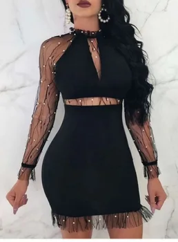 

Hot Selling Ladies Sexy Long Sleeve Beading Black White Bandage Dress 2018 Knitted Elastic Party Dress