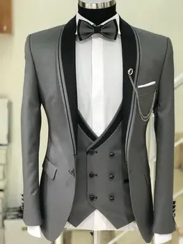 Skup Szary Mężczyźni Garnitury ślubne Czarny Szal Lapel Groom Smokingi Formalne Prom Party Męskie Blazer Slim Fit Terno Masculino Kostium Homme