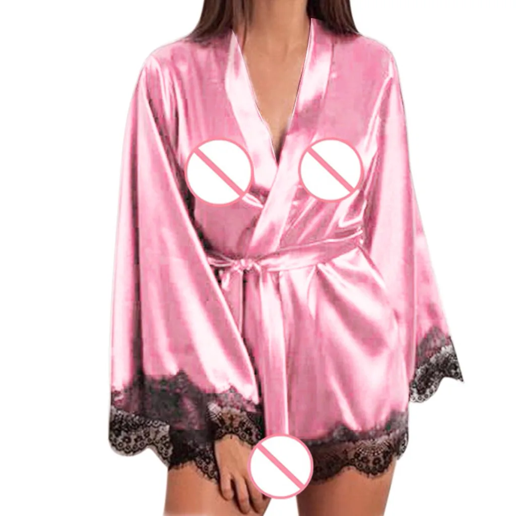 Женское нижнее белье TELOTUNY, Женская атласная ночная рубашка, шелковое кружевное белье, ночная рубашка, пижама, сексуальный халат, женский халат, набор, модная новинка, Jan22 - Цвет: Pink
