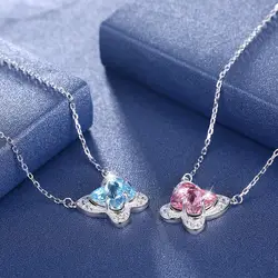 Новая мода 925 стерлингового серебра синие кристаллы бабочка подвеска Цепочки и ожерелья для Для женщин Обручение Fine Jewelry
