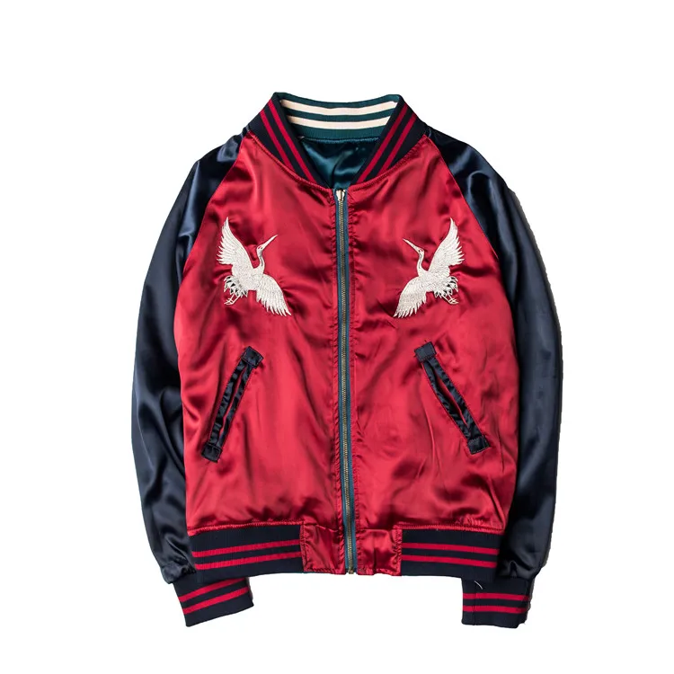 Two Sides Luxury Embroidery Bomber Jacket Smooth Men Sukajan Yokosuka Souvenir Jacket Streetwear Hip Hop Baseball Jacket