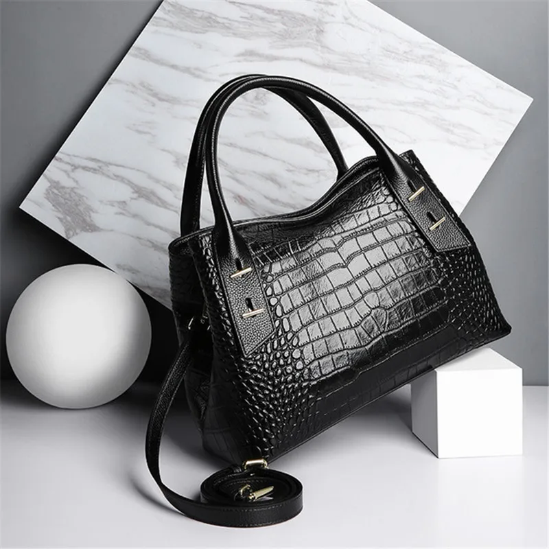 

Genuine Leather Tote Bag Luxury Women's Top-handle Bag Fashion Handbag Shoulder Bag Alligator Print Solid Color