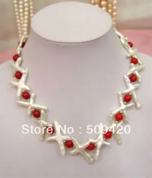 

Free shipping ~~ >>Fashion 18" White Cross Pearl & Red Coral Necklace