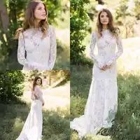 Country Style Boho Wedding Dresses Long Sleeve 2019 Robe De Mariage Sheer Lace Open Back Bridal Dress Handmade Wedding Gowns