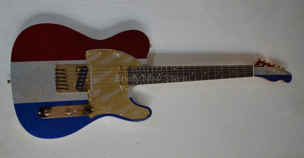 

Shelly new store factory custom red/silver/blue sparkle metallic TL guitar 6 strings string through gold bridge electric guitars