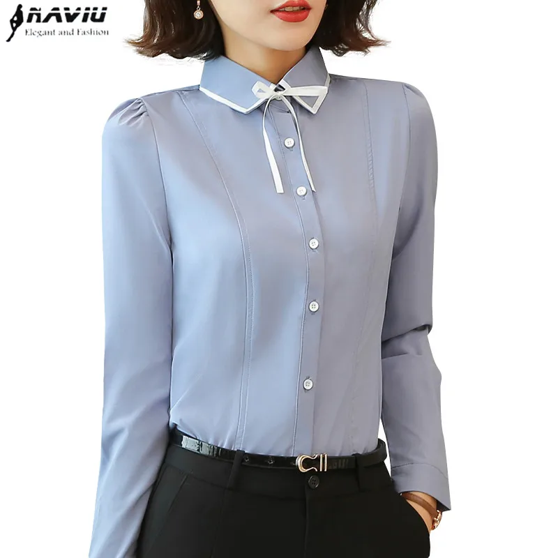 

White shirt women long sleeve 2018 Spring New Slim temperament elegant bow blouses gray office ladies plus size formal tops
