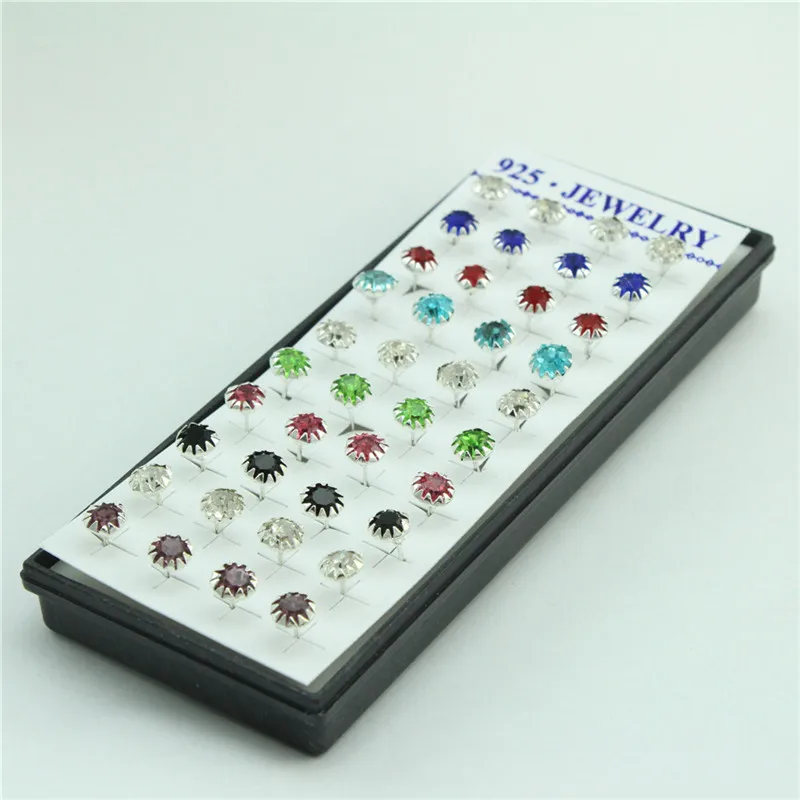 WalerV, 40 шт., круглые сережки-гвоздики с кристаллами, 925 пробы, Серебряная коробка, набор сережек, модное ювелирное изделие для женщин, бижутерия, подарки