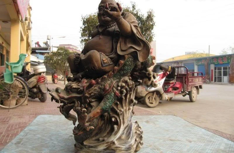 

16China Folk WuCai porcelain Lucky Happy face down Dragon Maitreya Buddha Statue