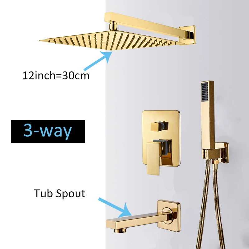 Quyanre Настенные Золотые душевые смесители набор ультратонкий дождевой Золотой Душ смеситель горячей и холодной воды кран Ванная комната Золотой душевой набор - Цвет: 3-way 12inch