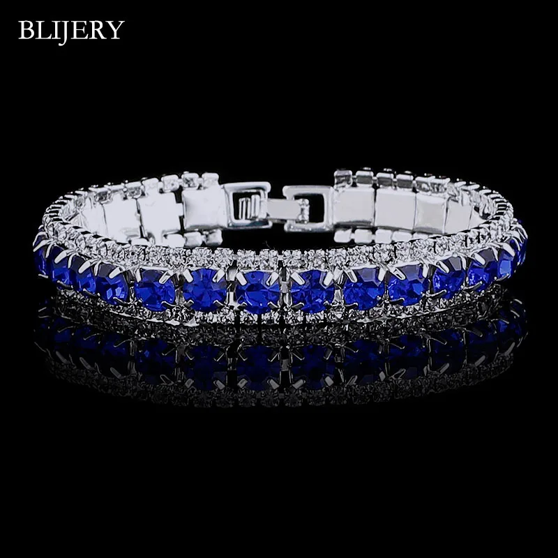 BLIJERY темно-синие свадебные браслеты с кристаллами для женщин, покрытые серебром со стразами, браслеты на цепочке и браслеты Femme Pulseira