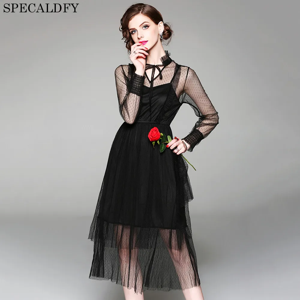 

Women Sexy Mesh Dress long Sleeve See Through Transparent Black Lace Dress High Quality Women Fashion 2018 Party Dresses Vestido