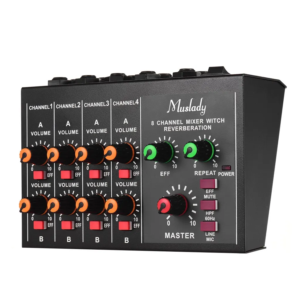 

Muslady M-228A Compact Size 8-channel Mono/Stereo Audio Sound Mixer with Reverberation Function 60Hz Frequency Cutting