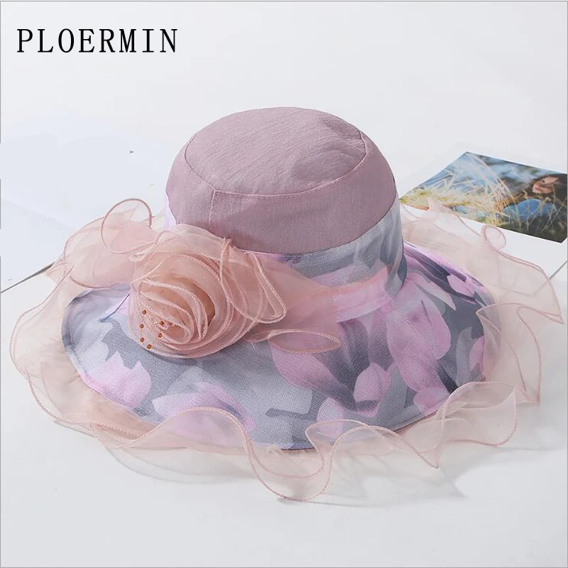 2019 جديد أزياء المرأة الأزهار الكنيسة قبعة واسعة حافة كنتاكي ديربي القطن القبعات الصيف شاطئ الشمس الزفاف قبعات الشمس حماية