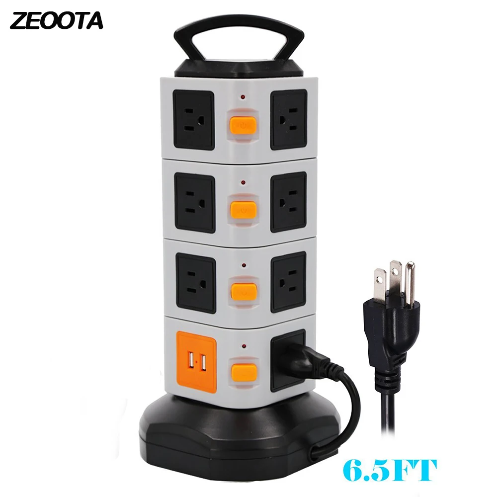 

Tower Power Strip Extender for Outlets Surge Protector 2500W 10A 7/11/15 Socket with USB 2m/6.5ft Extension Cord for Home Office