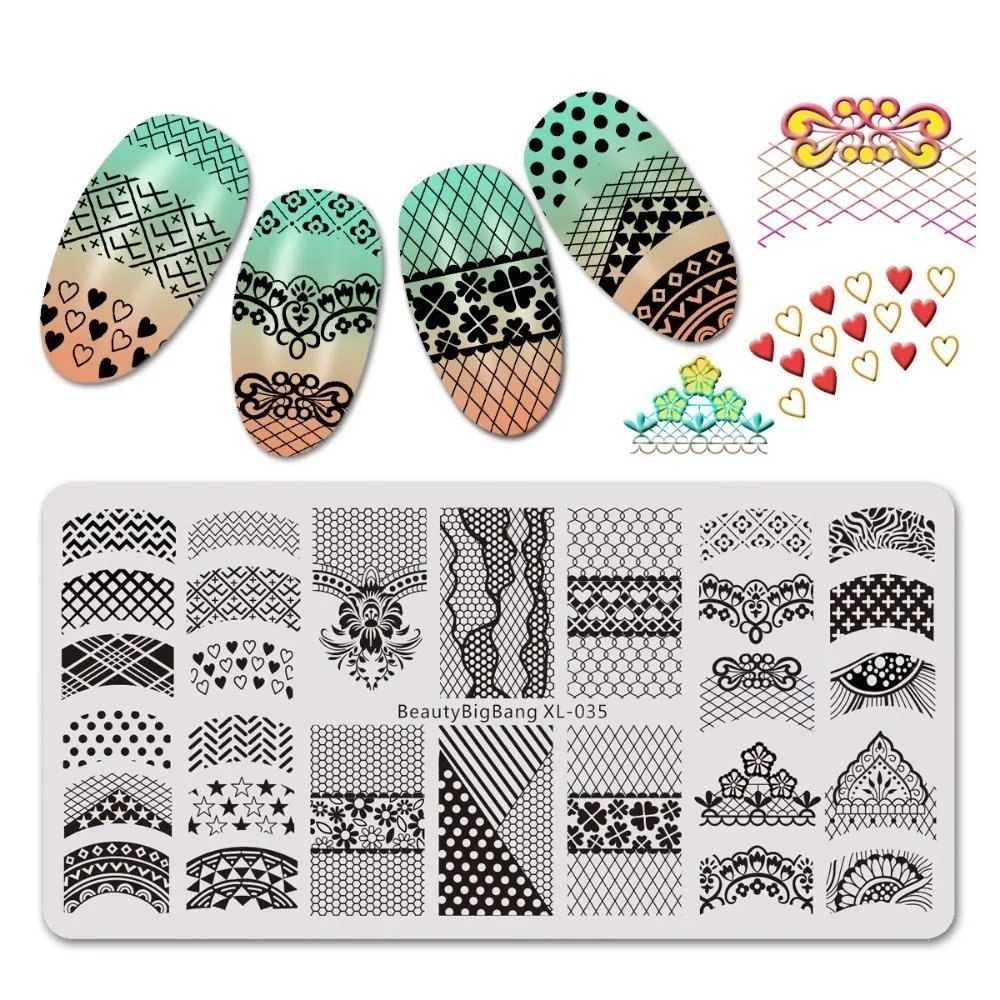 

BeautyBigBang 1PC Stencil For Nails Lace Stripe Series Pattern Rectangle Nail Stamping Plate For Nail Art Plates BBB XL-035